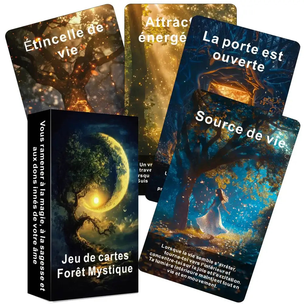Jeu de tarot français forêt mystique avec cartes oraculaires pleine conscience aux couleurs bleu, or et vert profond