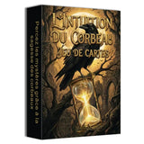 Black crow perch atop glowing golden hourglass on tarot français intuition du corbeau jeu oraculaire français box cover