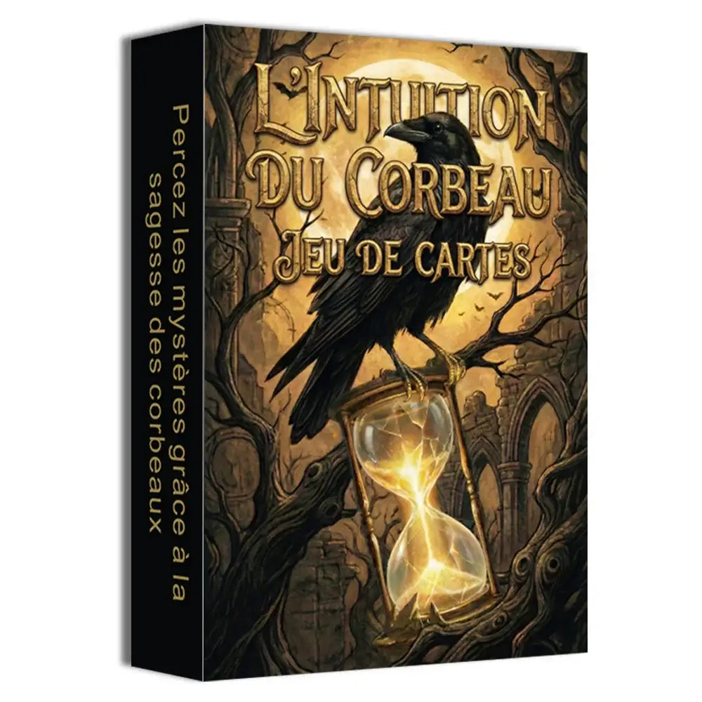 Black crow perch atop glowing golden hourglass on tarot français intuition du corbeau jeu oraculaire français box cover