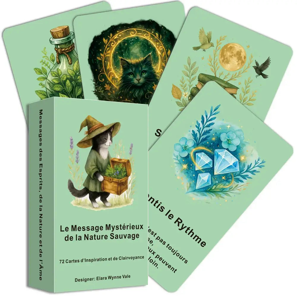 Une boîte vert menthe de cartes tarot français messages mystérieux illustrées d’animaux symboliques avec chat sorcier
