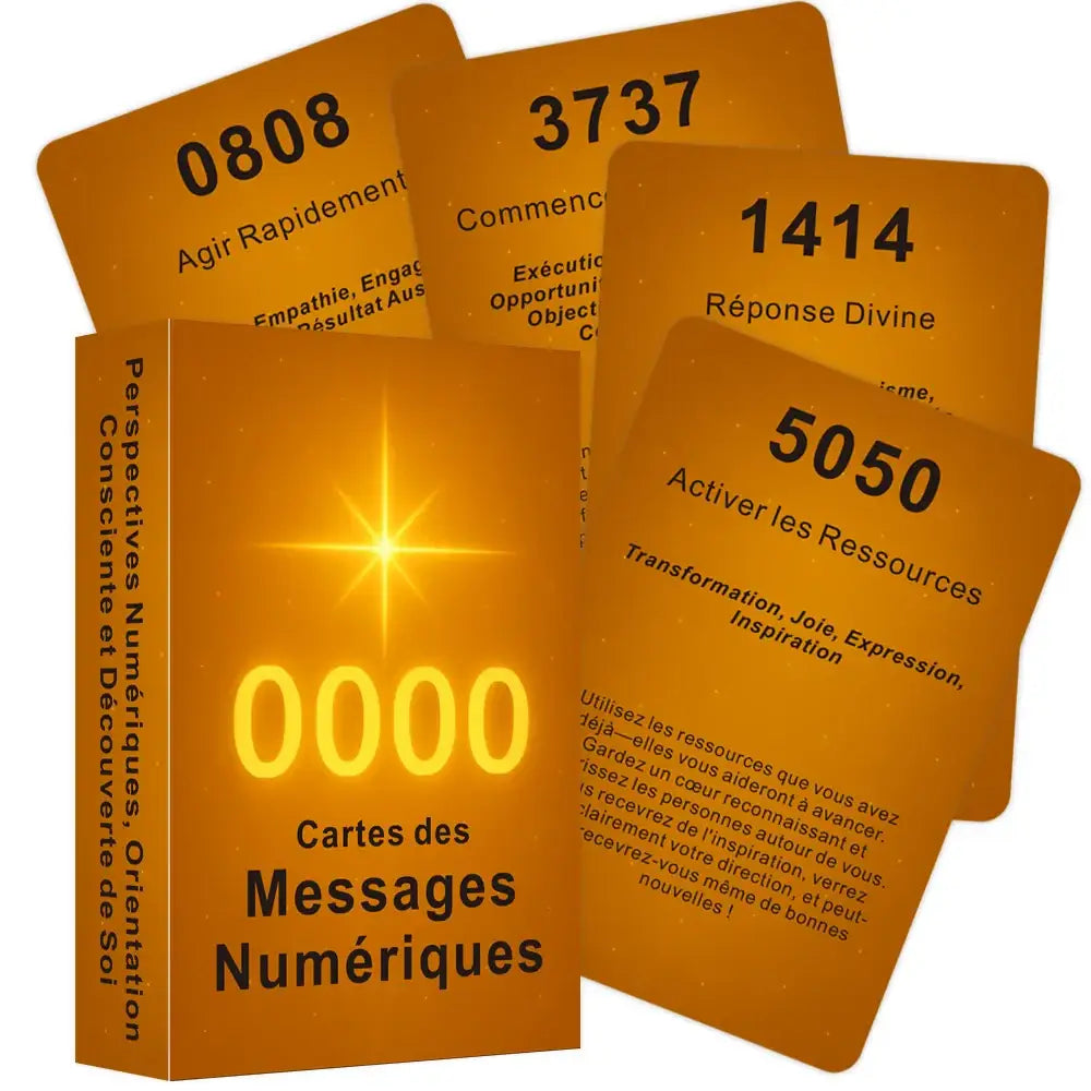 Boîte orange de tarot français messages numériques avec cartes oracle numériques aux chiffres jaunes lumineux pour guidance spirituelle et tirages rapides