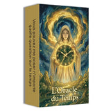 Boîte du tarot français oracle loracle du temps avec femme en robe blanche tenant une horloge verte et or cosmique