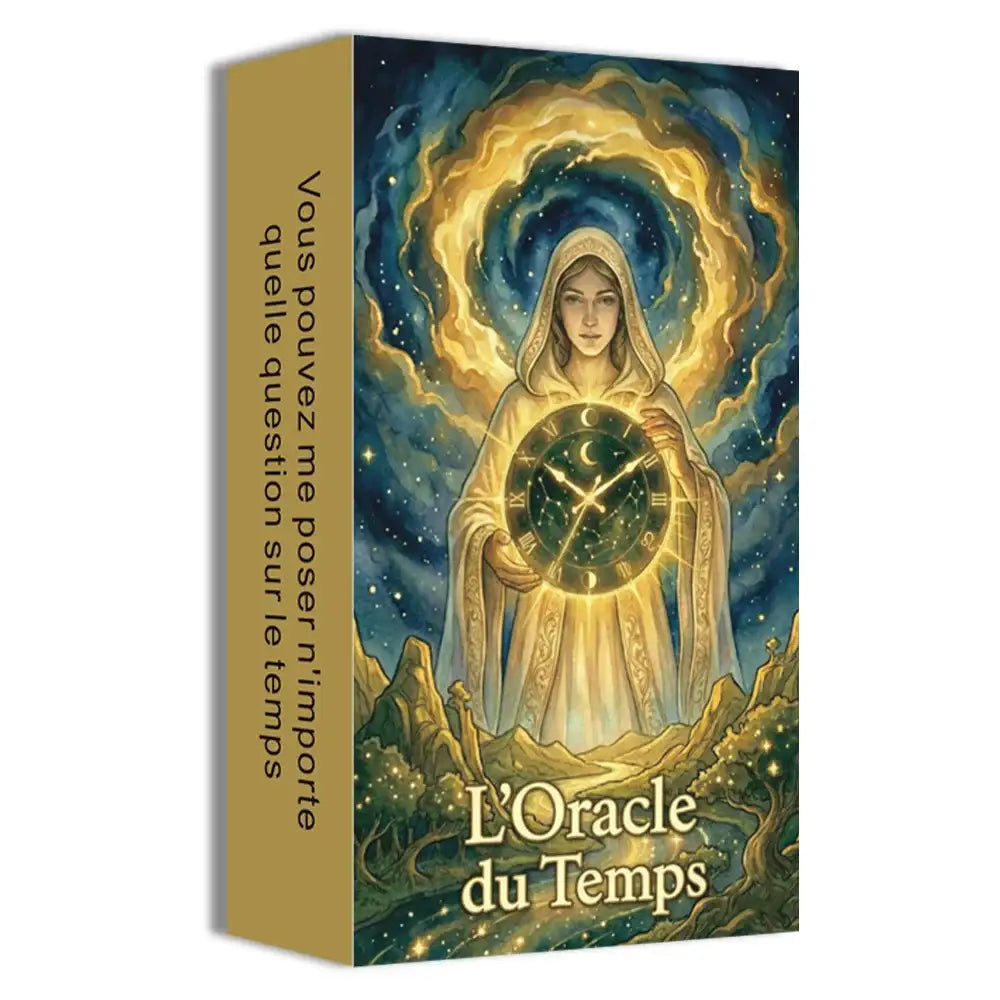 Boîte du tarot français oracle loracle du temps avec femme en robe blanche tenant une horloge verte et or cosmique