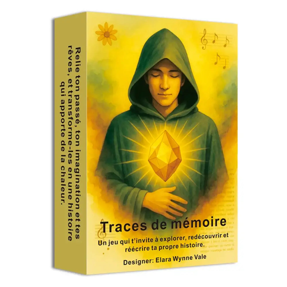 Boîte de jeu tarot français traces avec figure en robe verte à capuche et gemme dorée lumineuse conçue par elara wynne vale