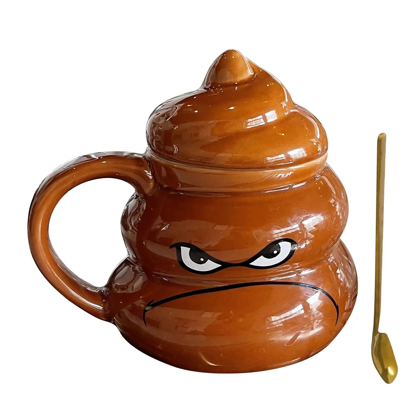 Tasse ceramique mug emoji popo marron en forme de mug caca avec visage en colère, couvercle et cuillère dorée mug drole