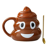 Brown ceramic poop emoji mug with lid and matching spoon tasse ceramique mug emoji popo mug drole mug caca