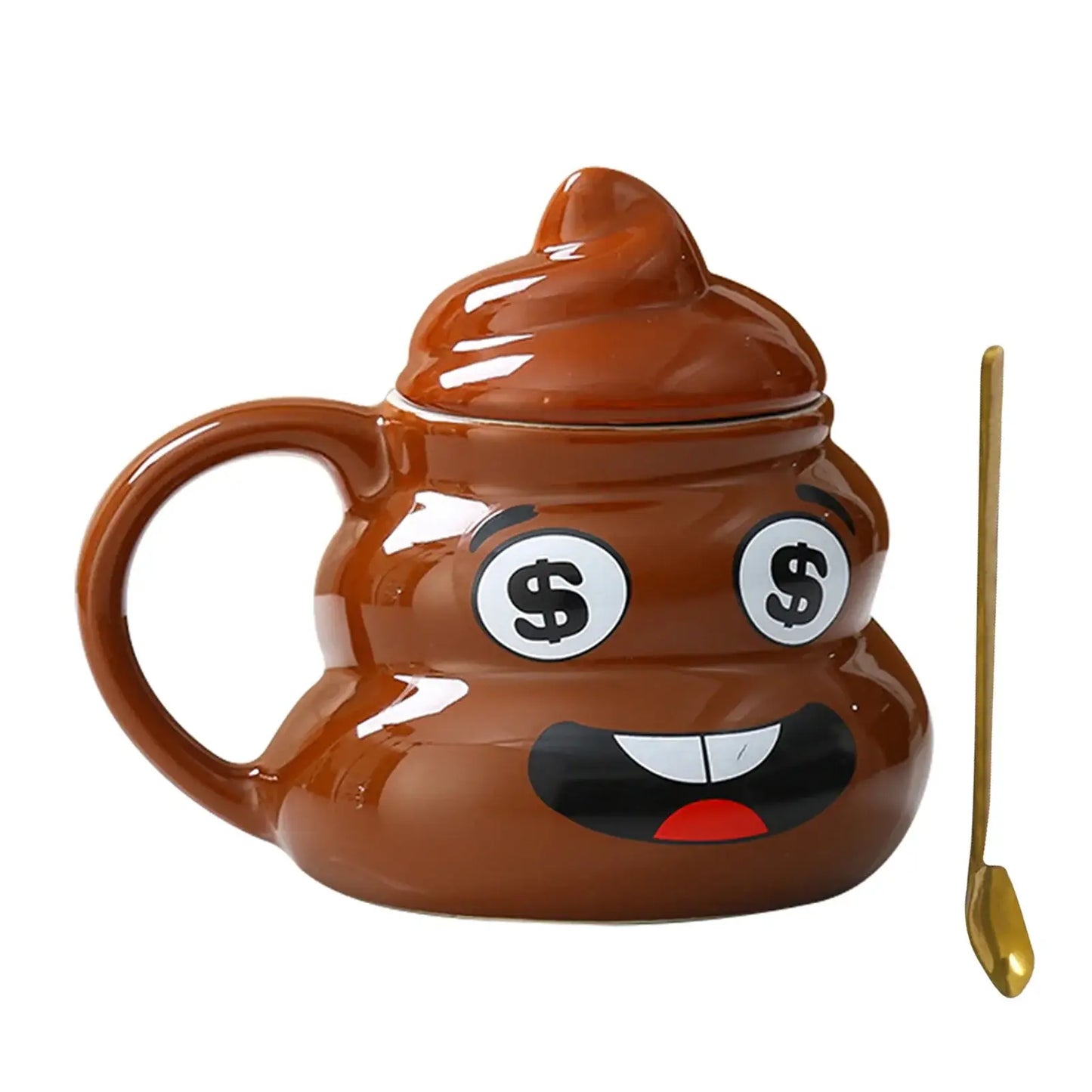 Tasse ceramique mug emoji popo marron avec visage souriant yeux dollar et cuillère or mug drole mug caca