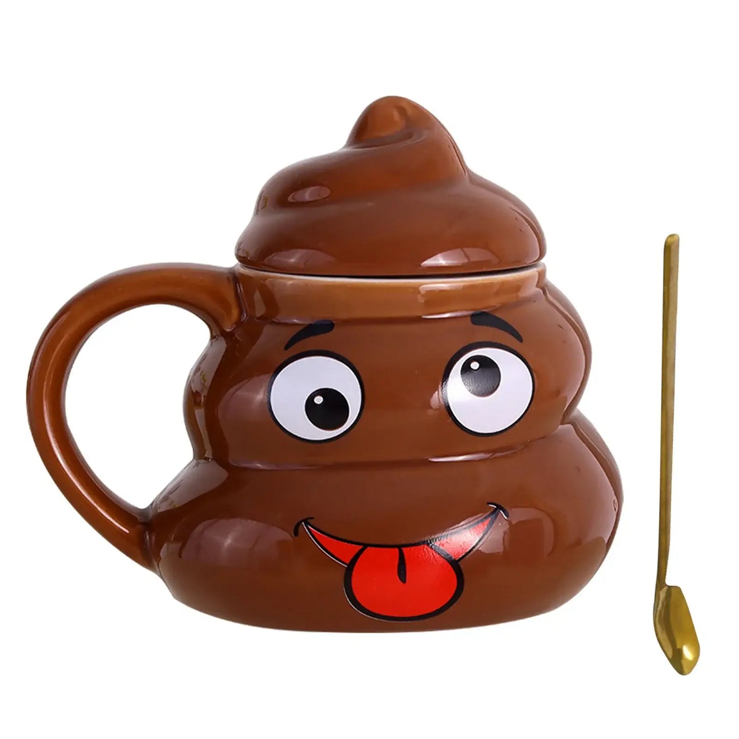 Brown ceramic mug drole shaped like poop emoji with cartoon eyes and red tongue with gold spoon for mug caca