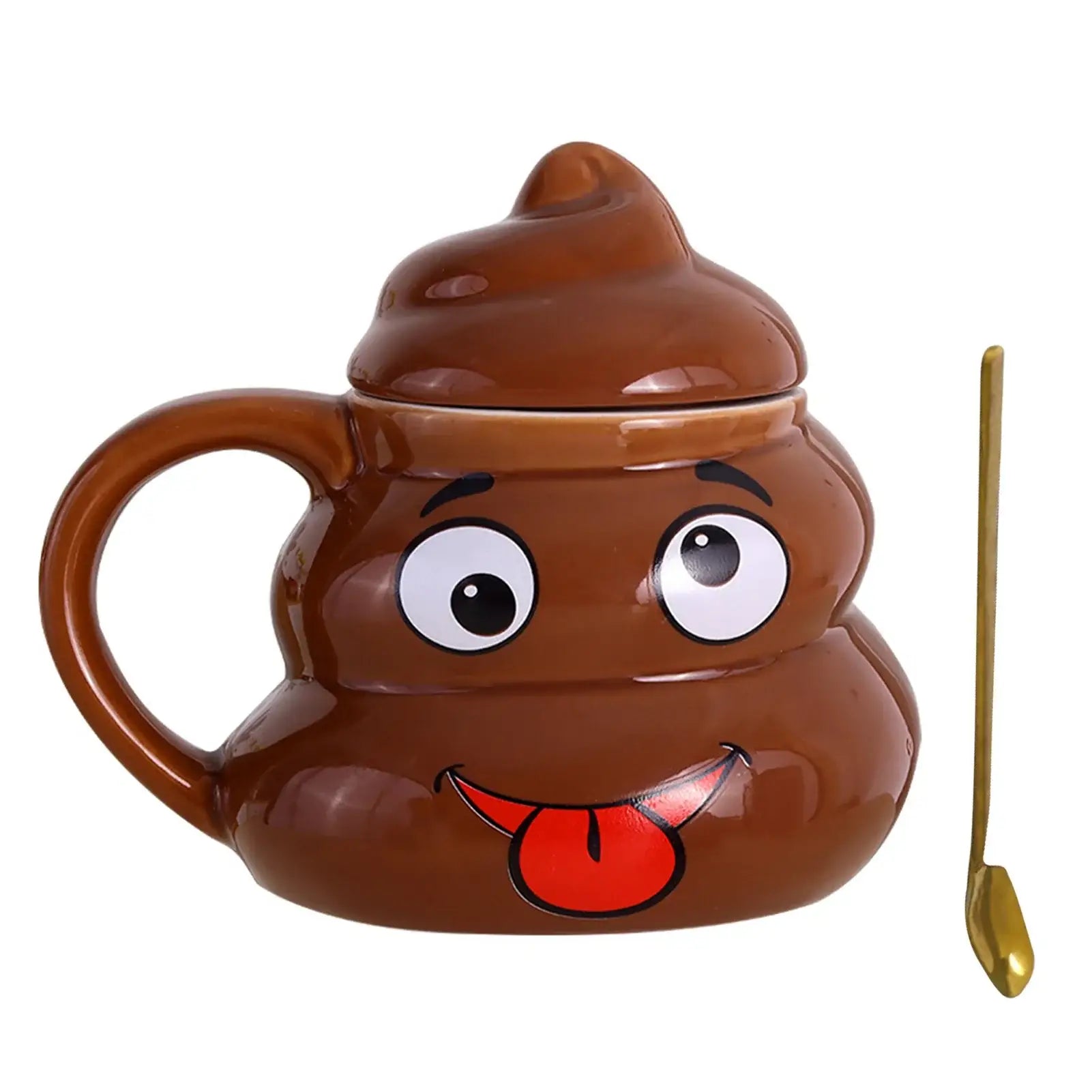 Brown ceramic mug drole shaped like poop emoji with cartoon eyes and red tongue with gold spoon for mug caca