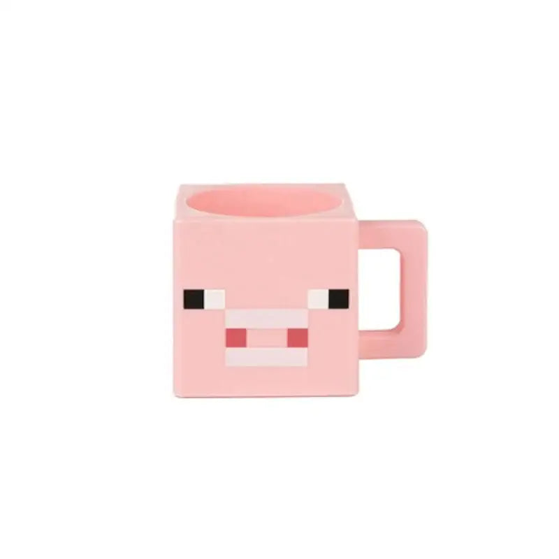 Tasse mug minecraft 3d rose avec visage pixelisé de cochon et anse carrée inspirée du jeu emblématique minecraft