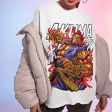 T-shirt street fighter blanc oversize avec imprimé coloré akuma satsu no hado en rouge et violet dynamique