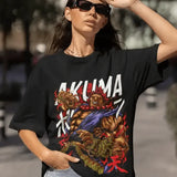 T-shirt street fighter noir oversized avec graphique vibrant d’akuma et lettrage blanc audacieux satsu no hado rouge japonais