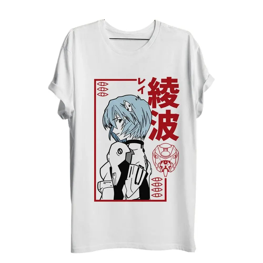 T-shirt blanc manches courtes avec graphique noir et rouge d asuka langley soryu et nom en japonais tee shirt rei ayanami yui ikari