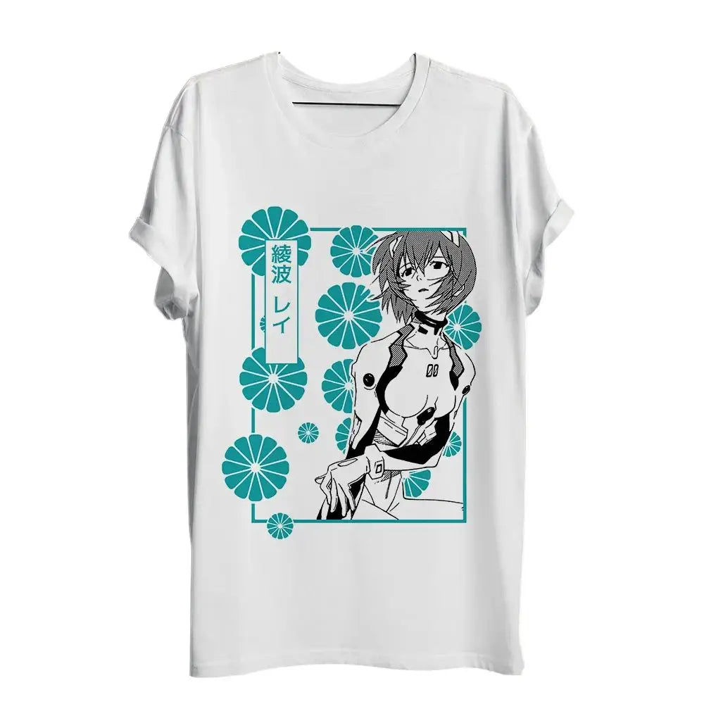 T-shirt rei ayanami blanc à manches courtes avec graphisme noir et teal de rei ayanami yui ikari entouré de motifs floraux