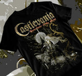 Tee-shirt unisex castlevania noir avec design emblématique jeux vidéo rétro en motifs dorés et rouges détaillés