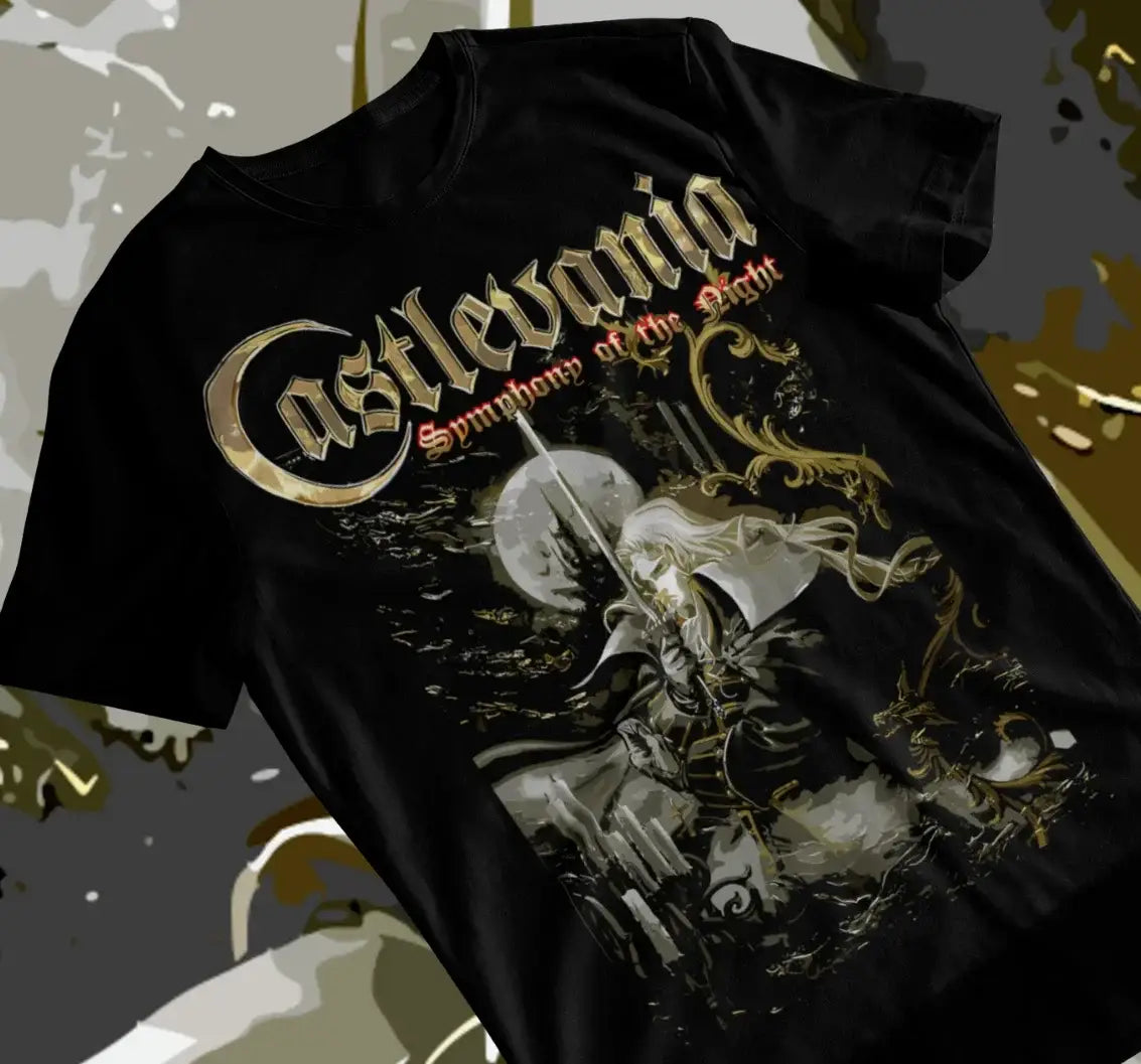Tee-shirt unisex castlevania noir avec design emblématique jeux vidéo rétro en motifs dorés et rouges détaillés