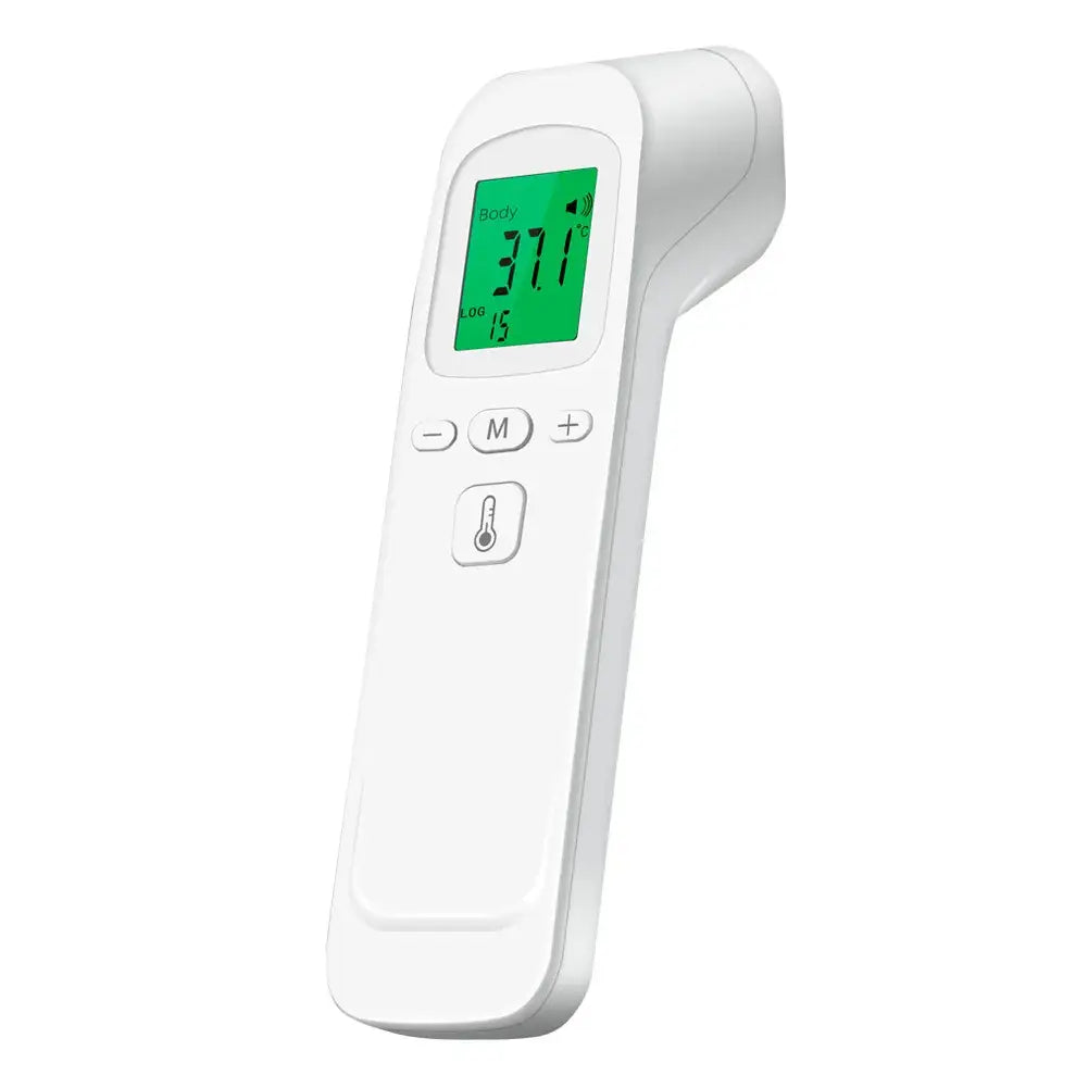 Thermomètre frontal infrarouge blanc avec écran rétro-éclairé tricolore pour bébé et adultes affichant la température