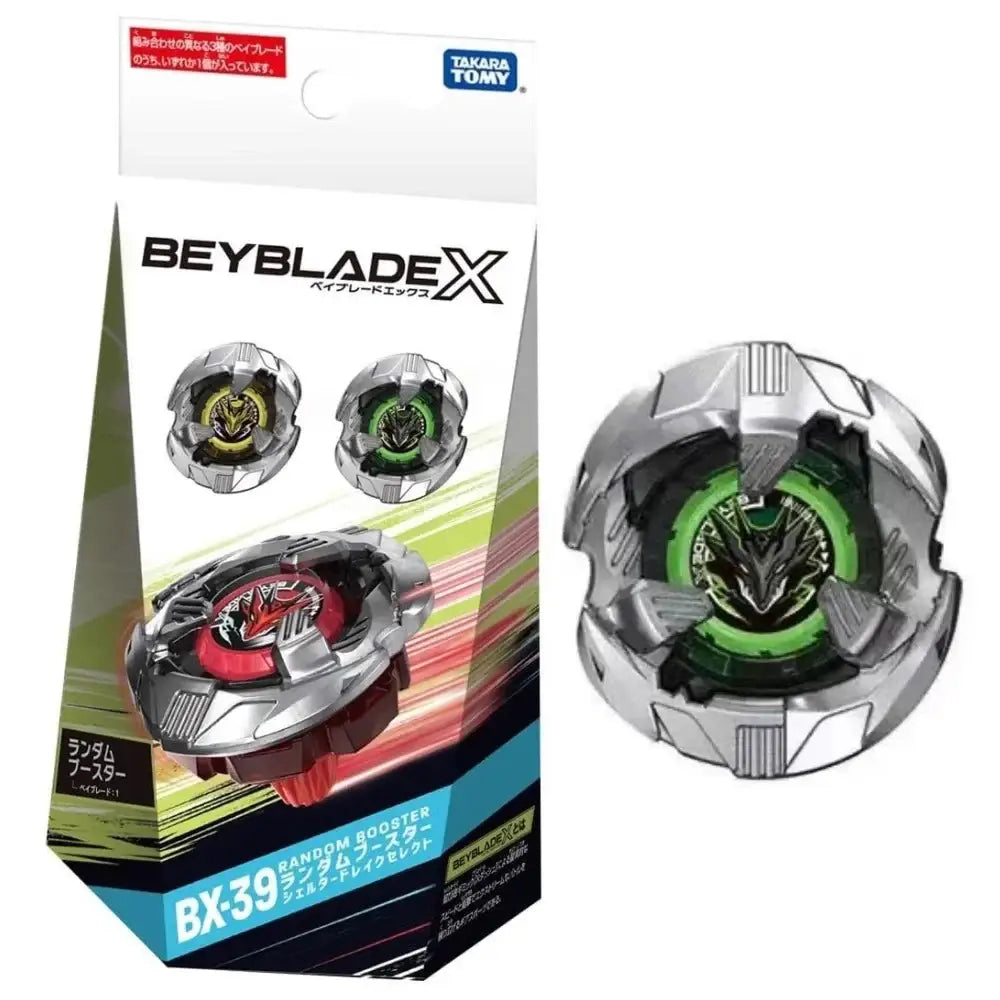 Toupie beyblade x bx-39 shelter drake en argent et vert avec finition métallique et design ailé pour résistance accrue
