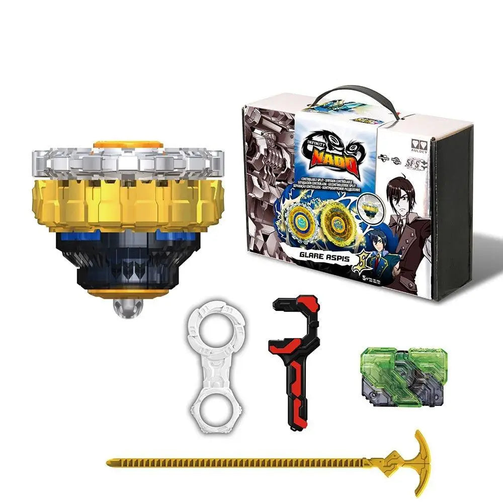 Toupie de combat beyblade infinity nado génération surpuissante en or et noir avec design métallique et capacité principale avancée