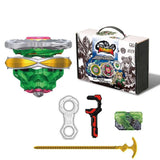 Toupie de combat beyblade infinity nado 2 en 1 vert et or avec sommet métallique argenté et designs géométriques génération surpuissante capacité principale
