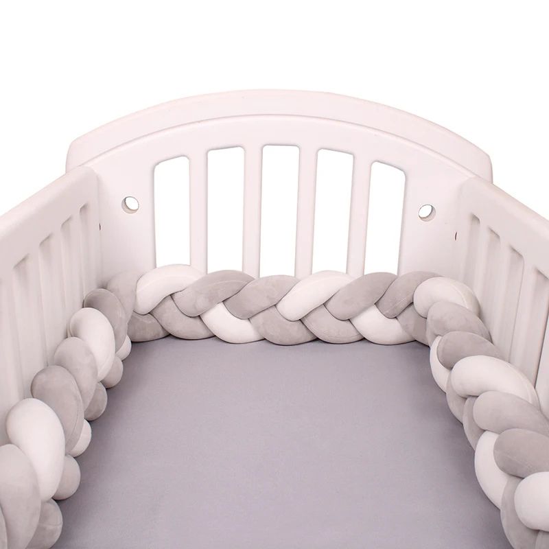 Braided cot bumper white grey - 3-strand cot braid