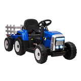 Tracteur électrique jouet enfant bleu et noir avec calandre argentée, pneus à jantes blanches et remorque bois gris idéal magasins de jouets