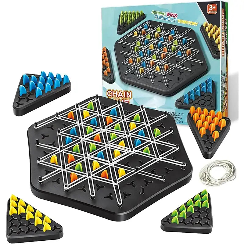 Triggle chain jeu élastique avec plateau hexagonal noir, grille en métal argenté et pions triangulaires colorés
