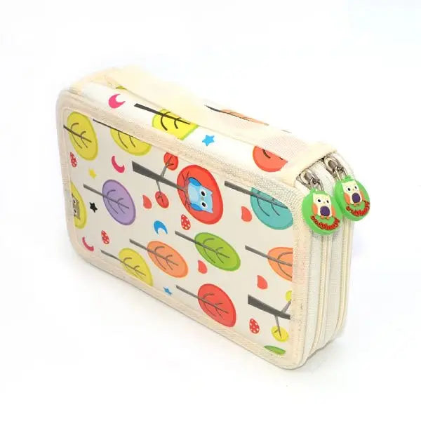 Trousse xl forêt hibou en toile crème avec motif coloré d arbres et hiboux et fermetures vertes idéale trousse parfaite