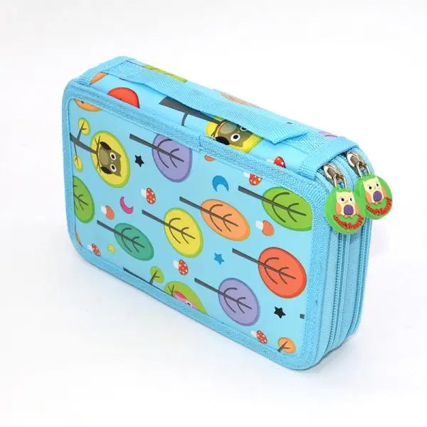 Trousse xl forêt hibou bleu clair avec motif coloré d arbres et hiboux parfaite pour ranger des fournitures