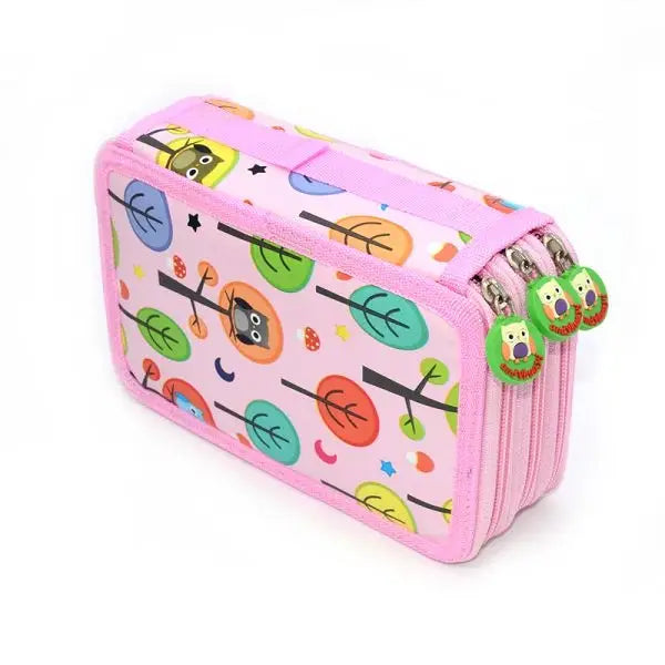 Trousse xl forêt hibou rose avec motif forêt ludique incluant arbres colorés hiboux et étoiles parfaite pour rangement