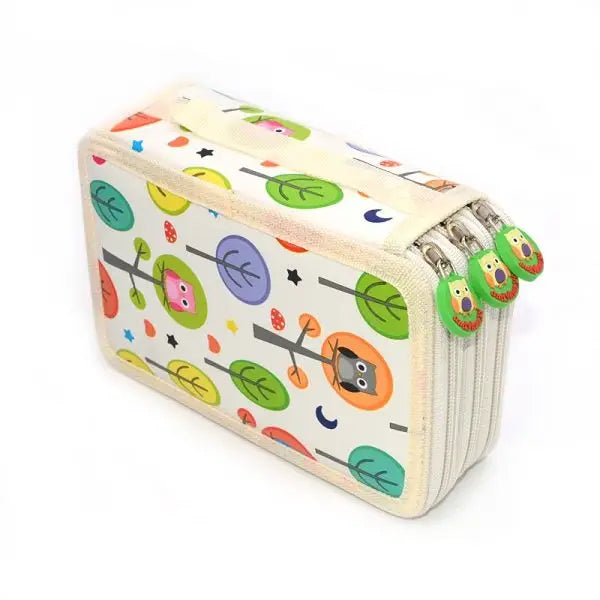 Trousse xl forêt hibou en toile crème avec motif arbres colorés hiboux étoiles et fermetures vertes ludiques