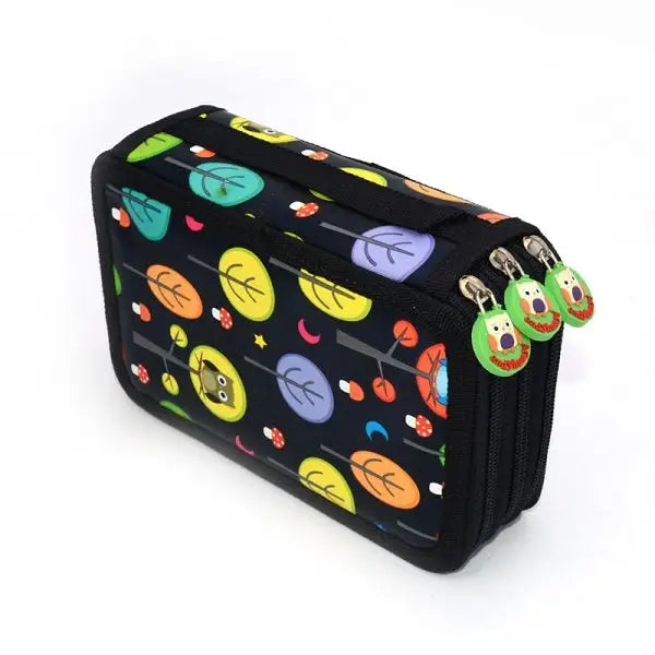 Trousse xl forêt hibou noire avec motifs feuilles et lune colorés et curseurs verts en forme de visages cartoon