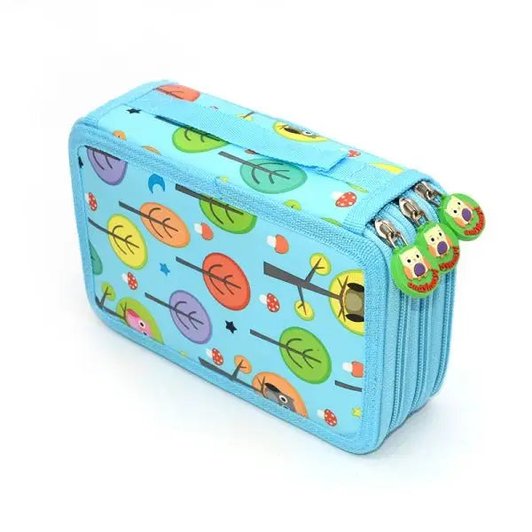 Trousse xl forêt hibou bleu clair avec motifs d arbres et champignons et trois zips avec tirettes hiboux vertes