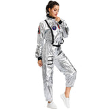 Uniformes d’astronaute unisexe avec combinaison argentée brillante à bordures noires et patches pour explorer l’espace