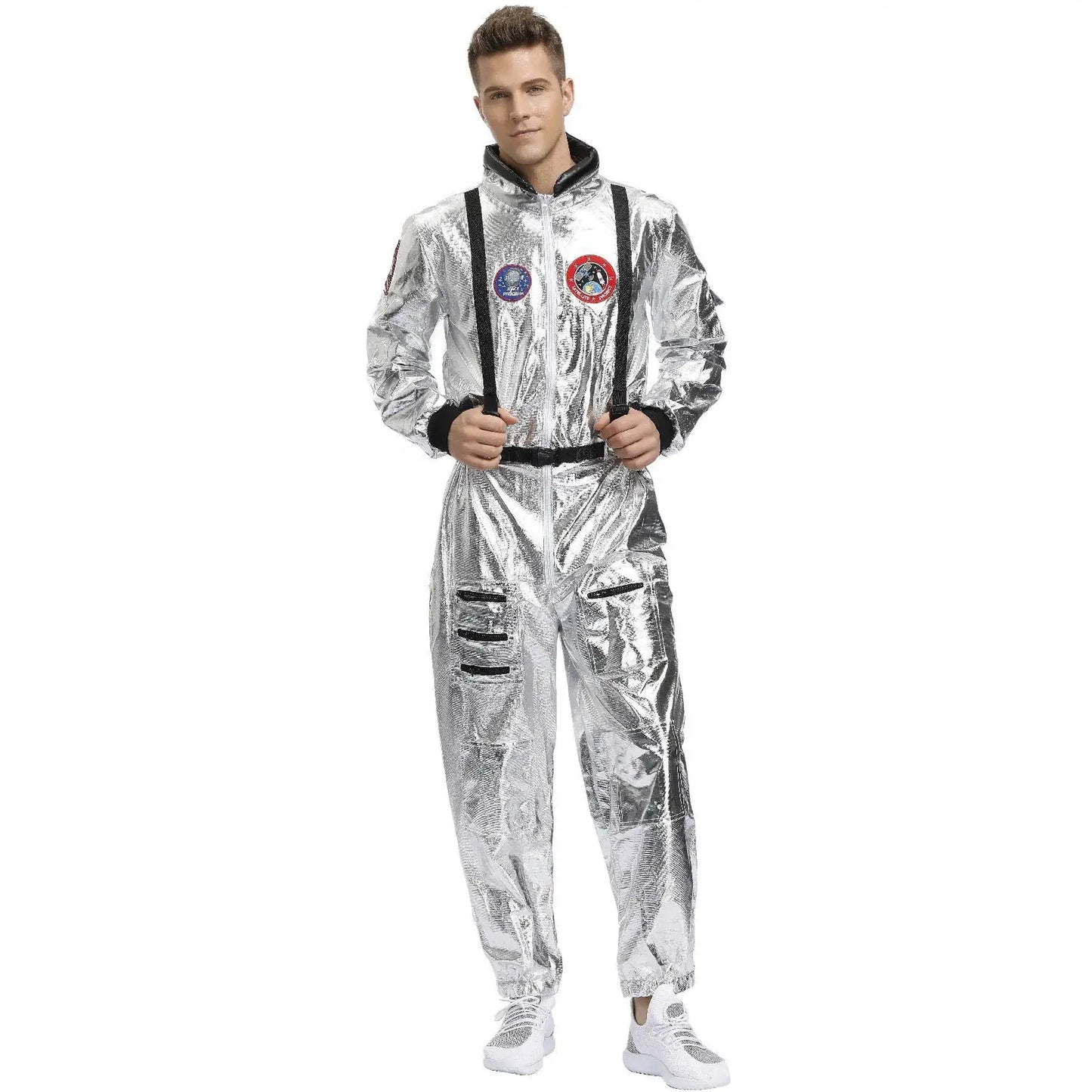 Uniformes d’astronaute unisexe en costume argenté brillant avec bordures noires et patchs pour unisexe explorez l’espace