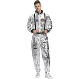 Uniformes d’astronaute unisexe en costume argenté brillant avec bordures noires et patchs pour unisexe explorez l’espace