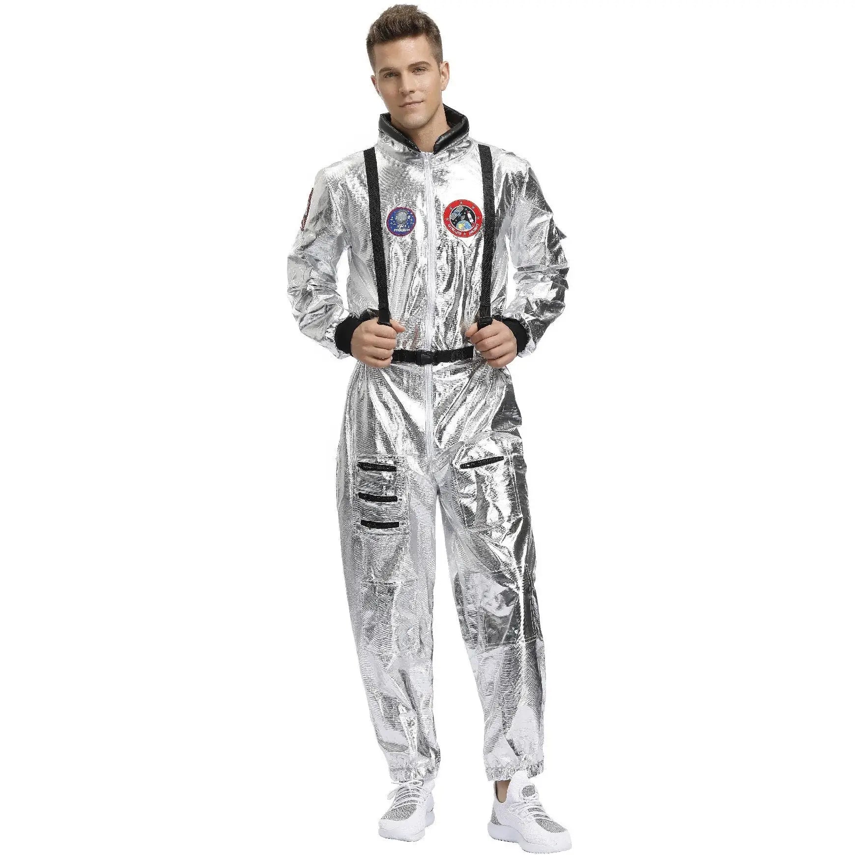 Uniformes d’astronaute unisexe en costume argenté brillant avec bordures noires et patchs pour unisexe explorez l’espace