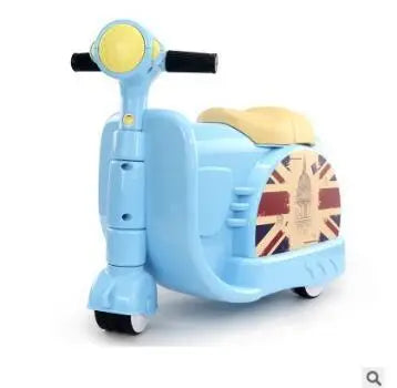 Valise jouet véhicule enfant conception légère scooter plastique bleu clair avec poignée et siège jaune union jack