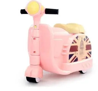 Valise jouet véhicule pour enfant conception légère avec scooter rose, poignées noires, phare jaune et design union jack