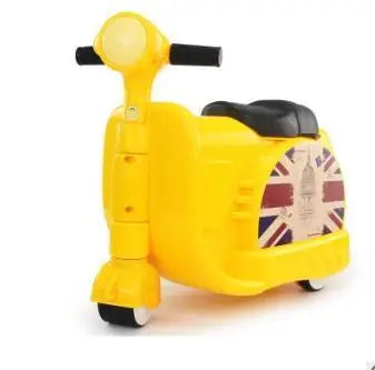 Valise jouet véhicule enfant conception légère jaune avec guidon noir siège et motif union jack sur le côté