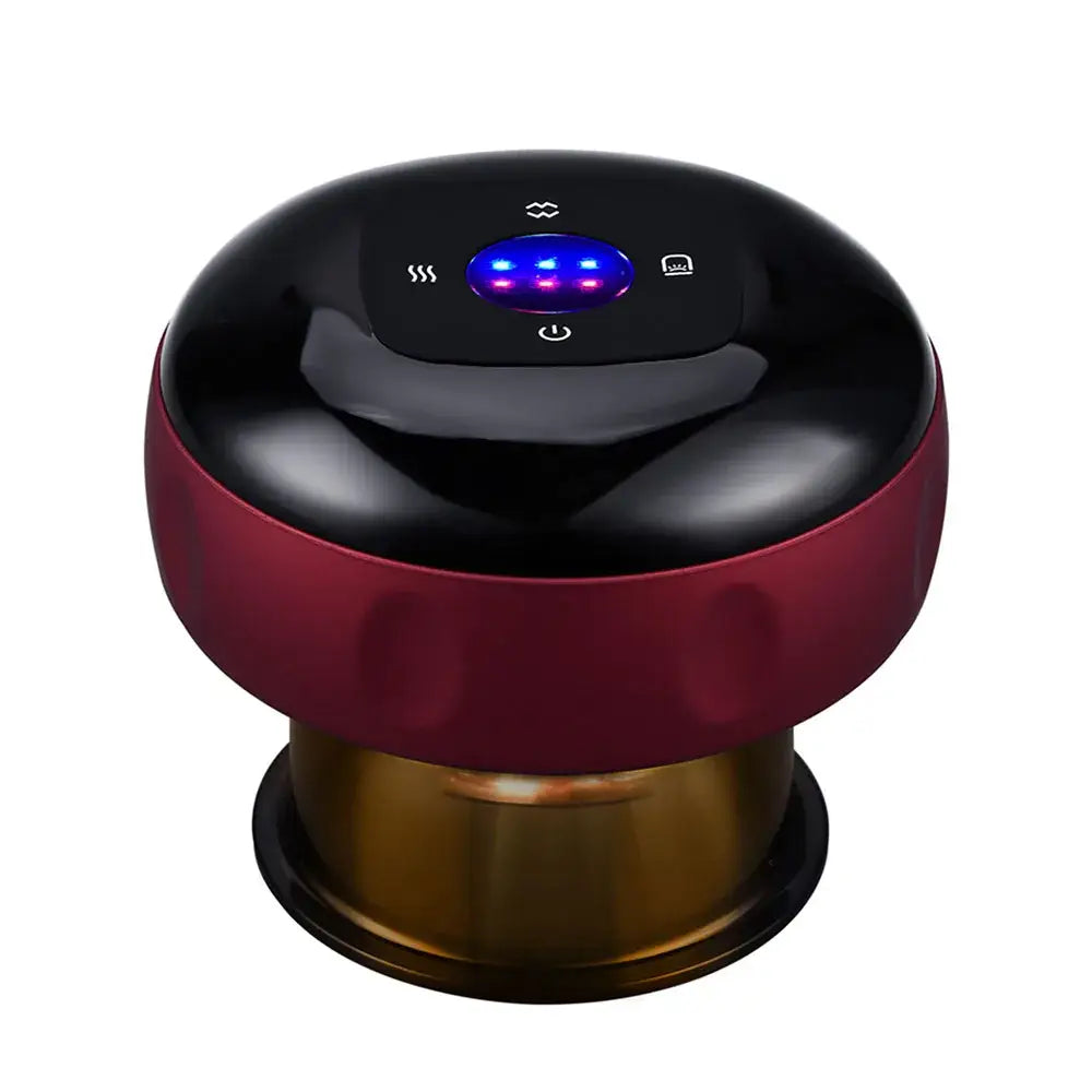 Ventouse massage cupping électrique avec ventouse deux tons noire et bordeaux, base métallique dorée et voyants led bleus