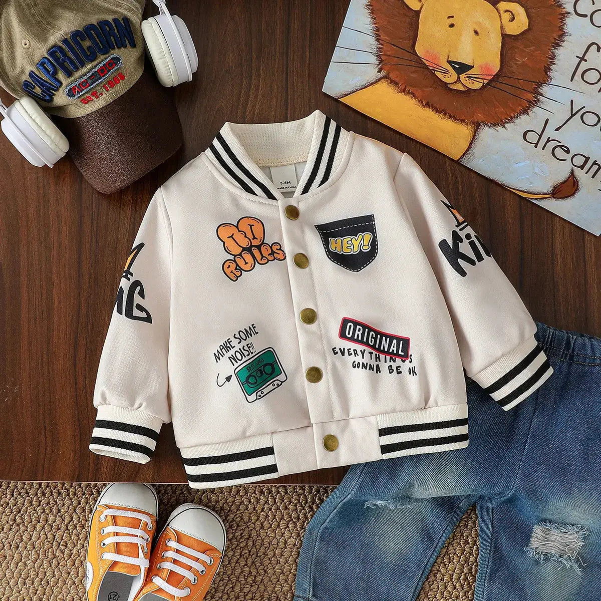 Veste bébé printemps automne off-white avec boutons dorés et patchs dessinés pour manteau fille petites princesses
