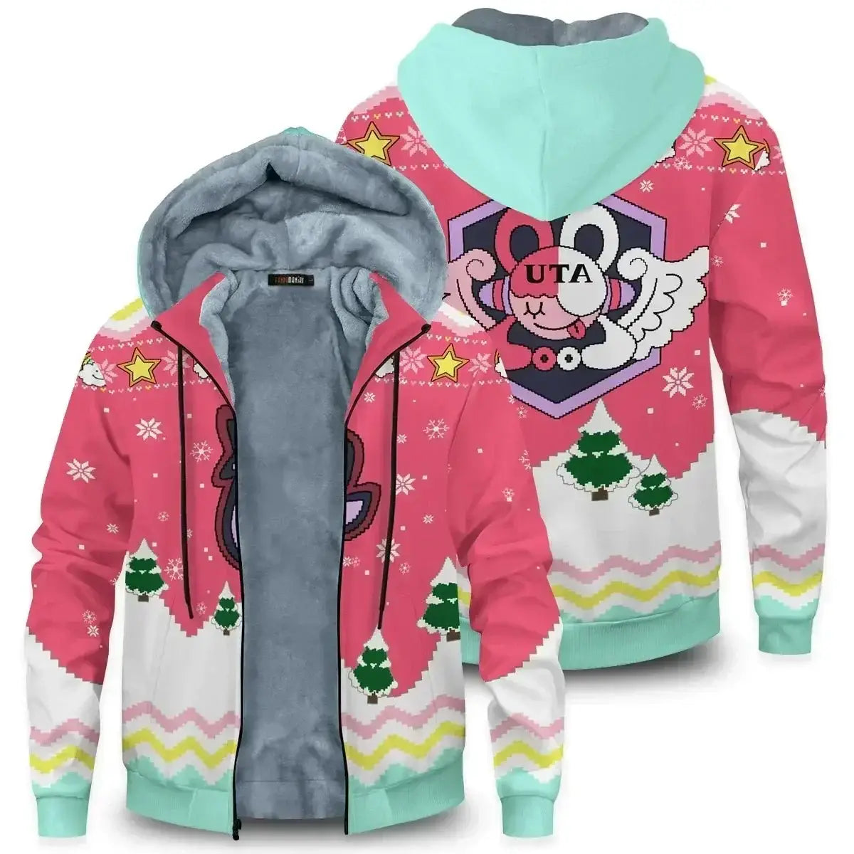 Veste à capuche hiver one piece rose et vert menthe avec capuche doublée gris en polaire et motif pixel uta festif