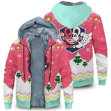 Veste à capuche hiver one piece rose et vert menthe avec capuche doublée gris en polaire et motif pixel uta festif