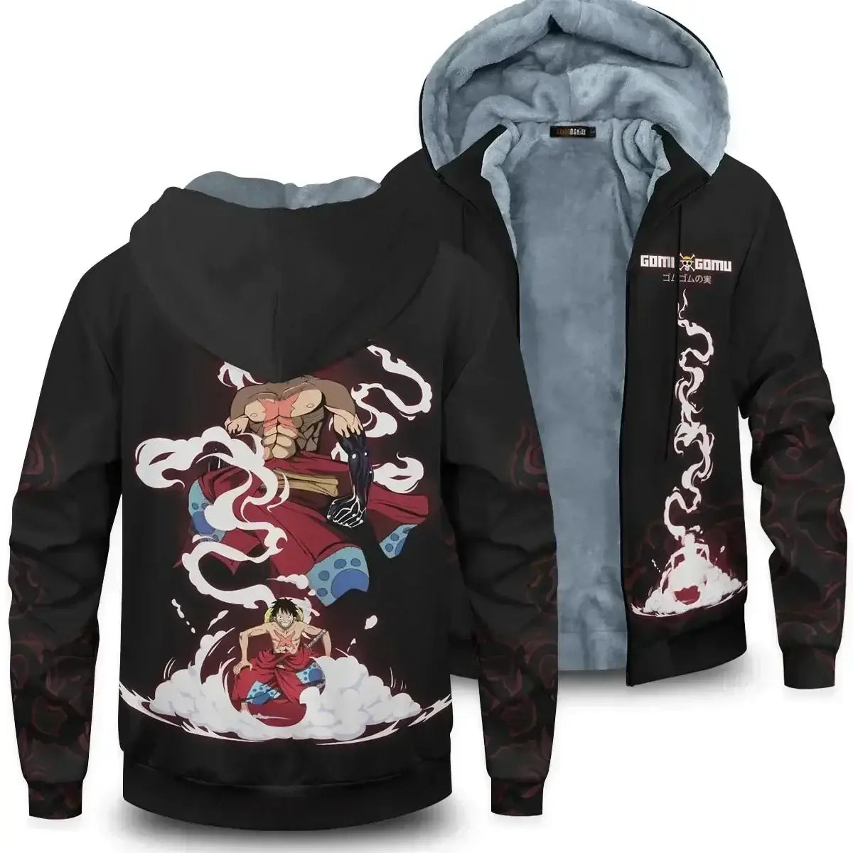 Veste à capuche hiver noire avec intérieur en peluche grise et imprimé luffy gomu gomu no mi pour affronter l’hiver one piece