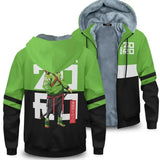 Veste à capuche hiver one piece verte et noire avec imprimé anime et lettres blanches au dos et manches doublées