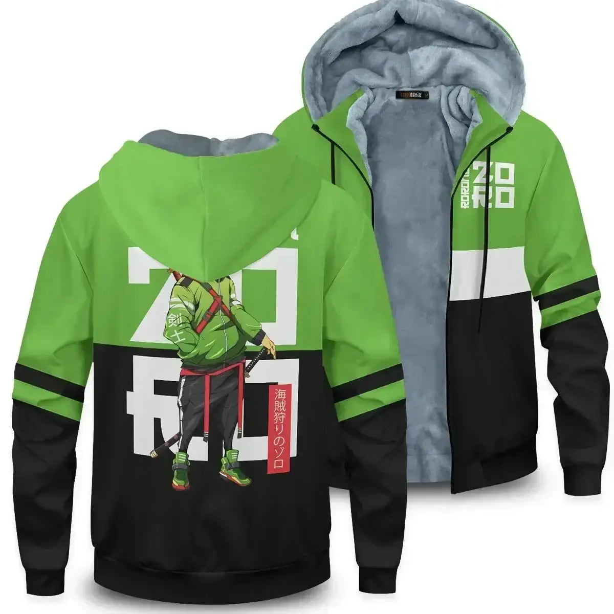 Veste à capuche hiver one piece verte et noire avec imprimé anime et lettres blanches au dos et manches doublées