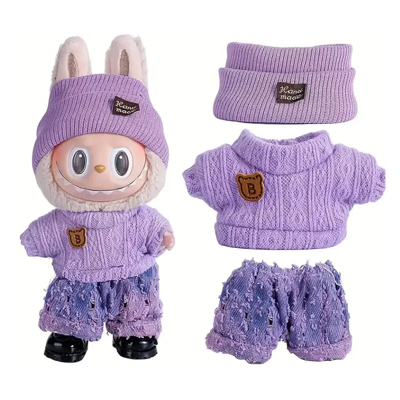 Vêtement Labubu short pull tricoté et bonnet assorti violet avec patchs ours marron pour déguisement carnaval