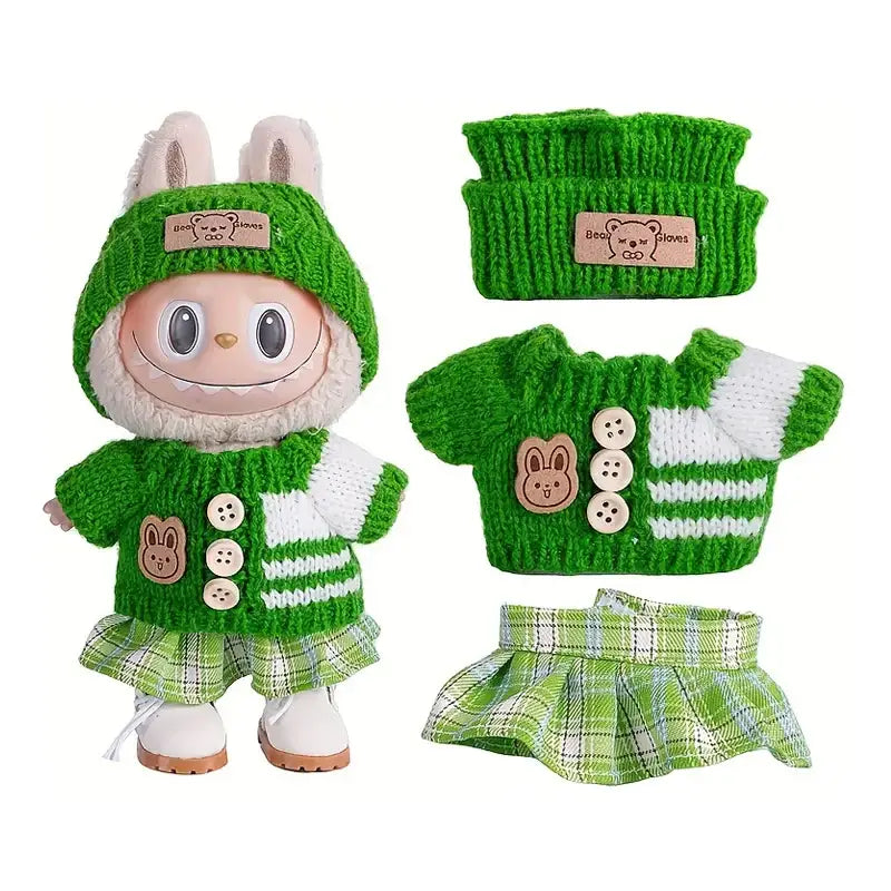 Vêtement labubu short pull tricoté vert avec bonnet assorti blanc et boutons en bois pour déguisement carnaval