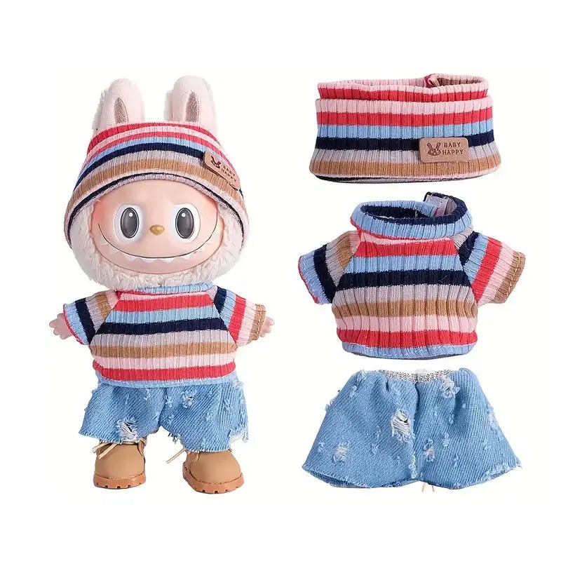 Adorable poupée lapin vêtue d un pull tricoté rayé, short en jean déchiré et bonnet assorti pour déguisement carnaval